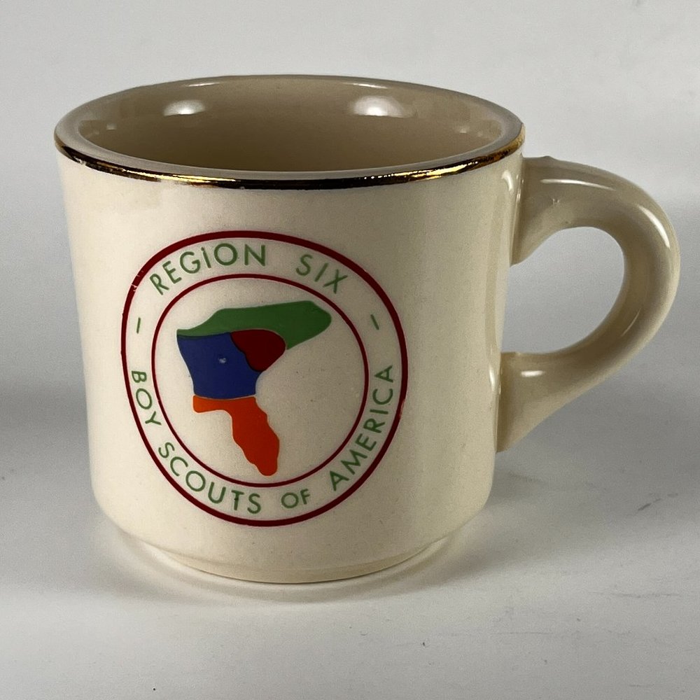 Vtg BSA Boy Scouts America Coffee Cup Mug Region Six Ceramic White Outdoors USA